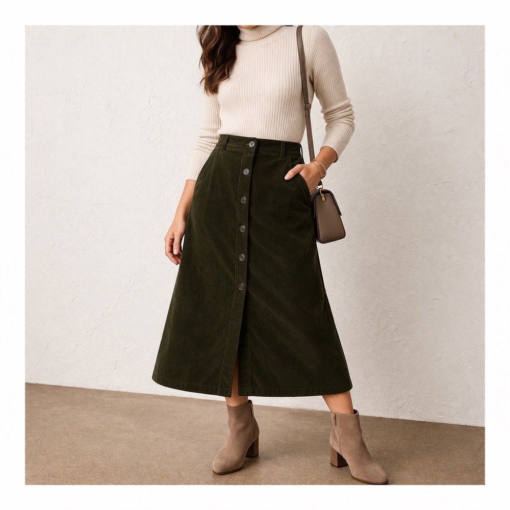 Banana Republic Factory Corduroy Midi Skirt Olive Button Front Size 10